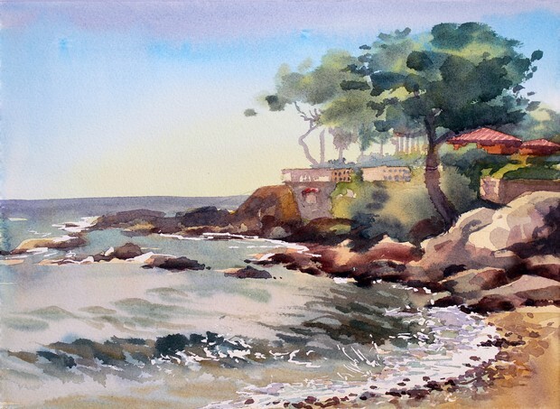 Watercolor painting of the Cote d'Azur, France